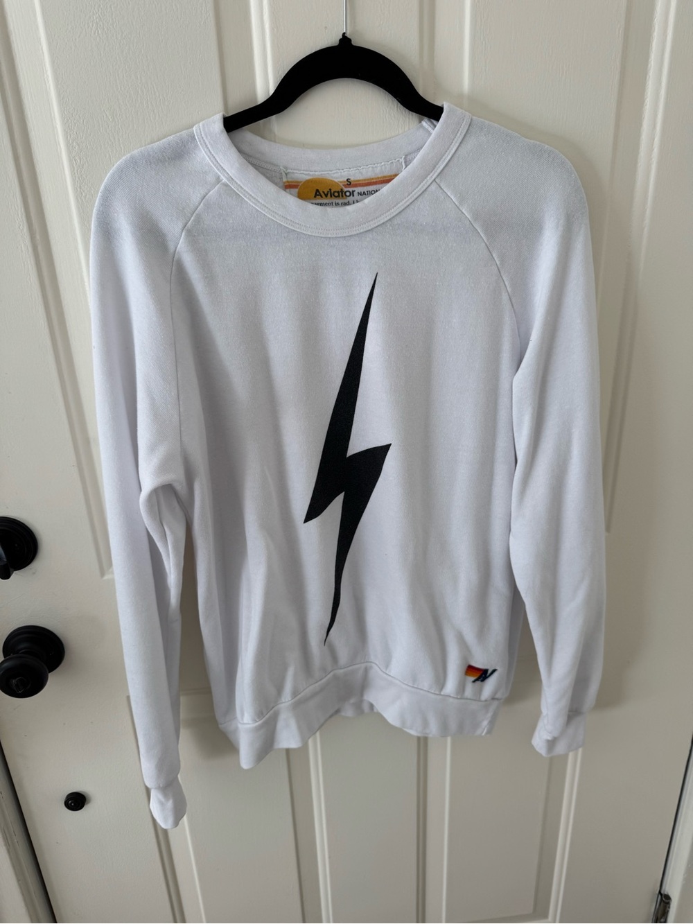 Aviator Nation White Crewneck with Black Lightning Bolt